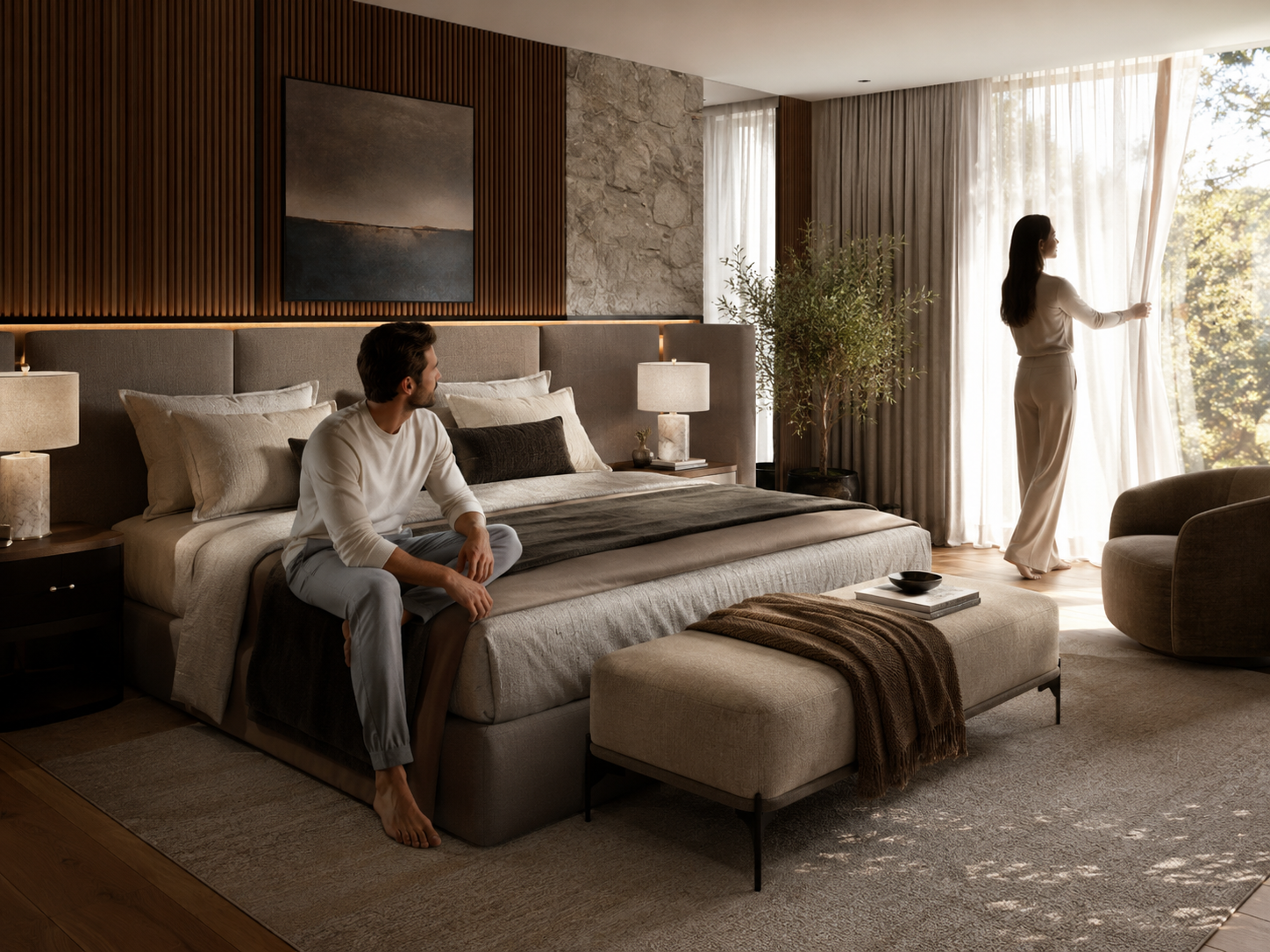 Bedroom with walnut slat wall