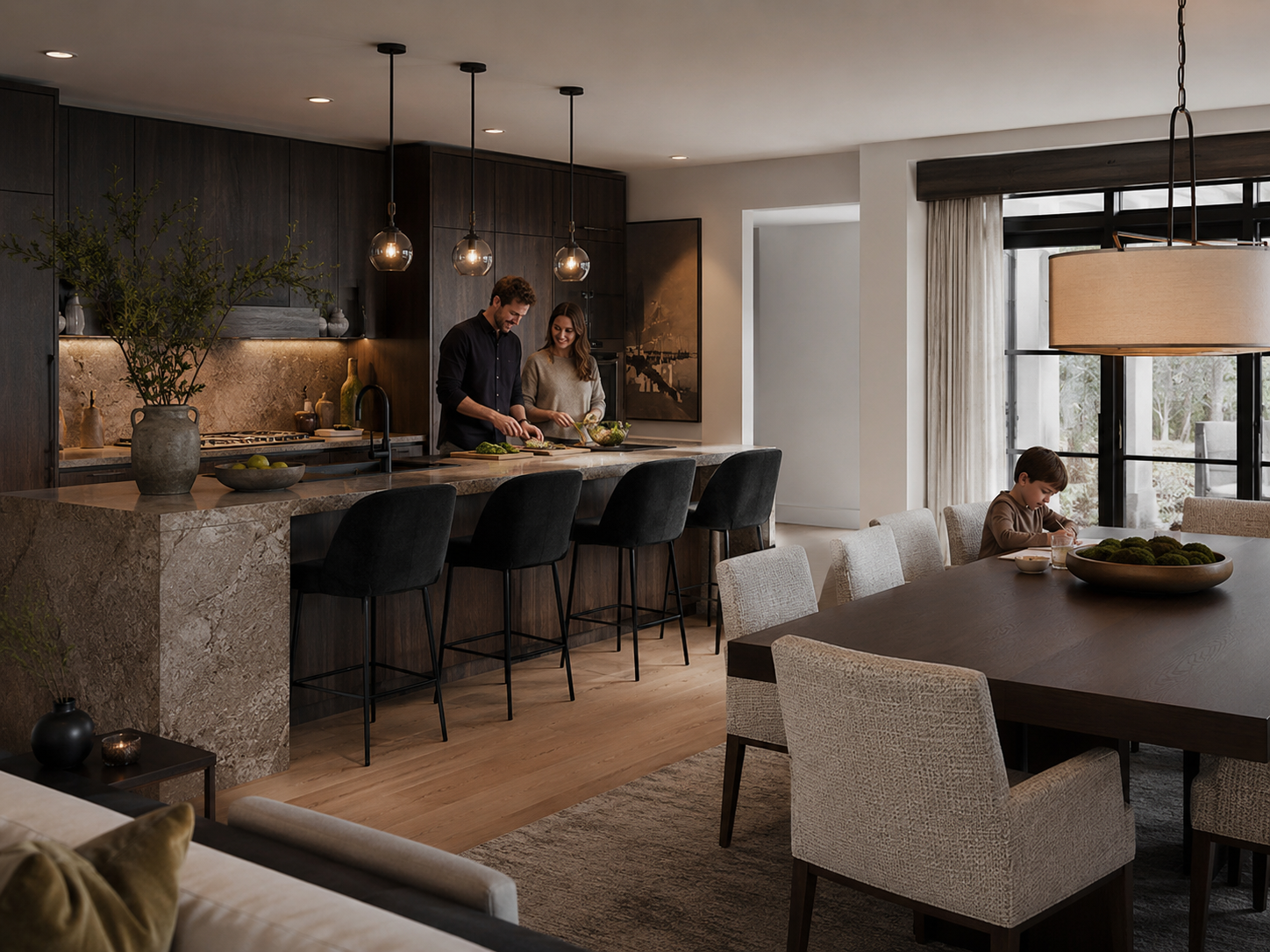 Family kitchen at dusk
