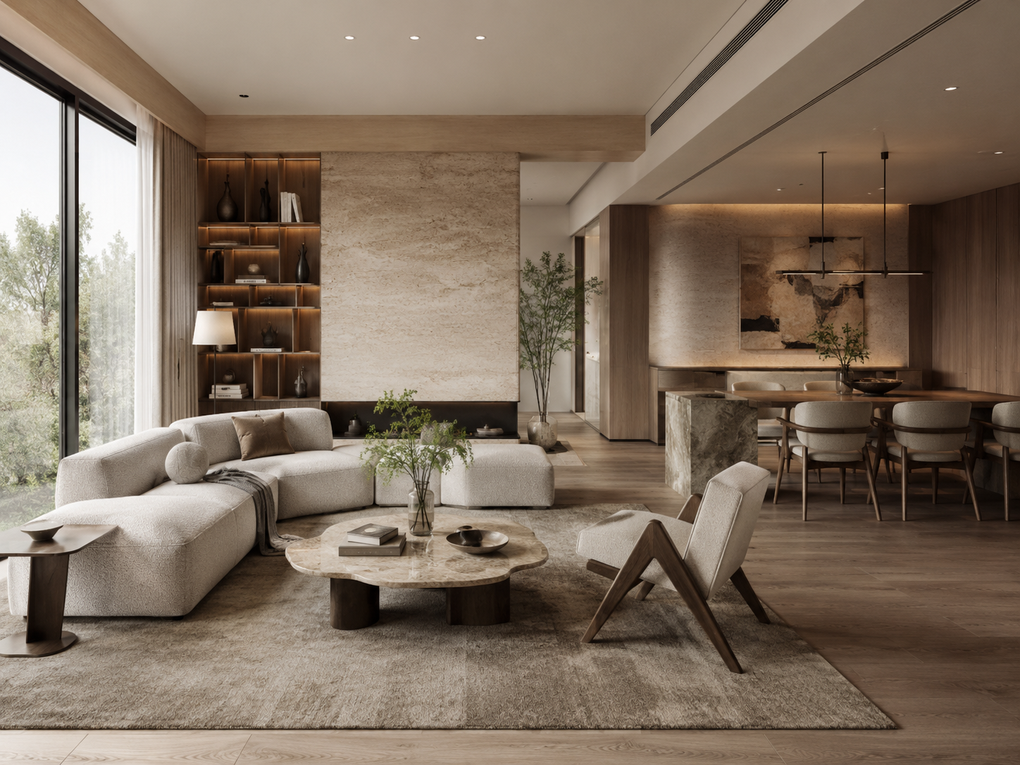Travertine living and dining room